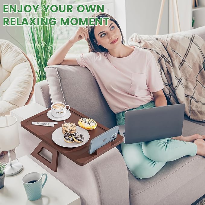 Bamboo Sofa Tray,Couch Arm Table, Clip-On Armrest Tray Table for Wide Couch Foldable Tray with 360° Phone Holder Couch Arm Tray for Eating/Drinks/Snacks/Remote，Brown
