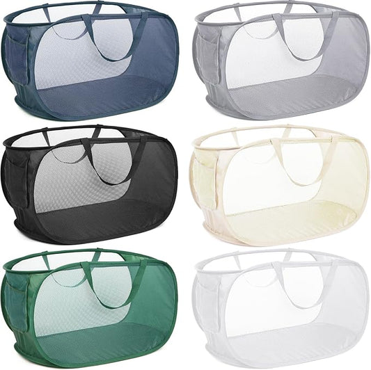 6 Pcs Durable Collapsible Laundry Baskets, Foldable Laundry Basket Large Opening, Pop Up Laundry Hamper with Pocket, Clothes Hamper with Handles for Laundry, Bathroom, Kids Room, Dorm or Trave