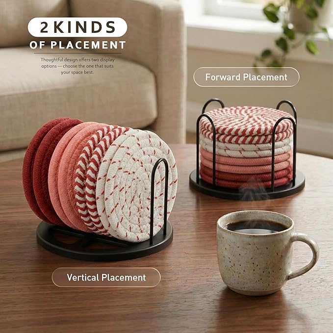 Lazebox Coasters Set of 8 for Drinks, Beer, Coffee, Cotton Woven 4 Colors Absorbent Coaster with Holder, Boho Coasters for Home Decor Tabletop Protection Suitable for Kinds of Cups