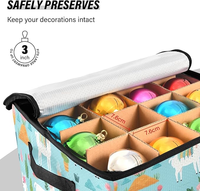 Kigai Alpaca Christmas Ornament Storage Box with Zipper & Adjustable Dividers Holiday Ornament Organizer Xmas Storage Container, 64 Balls