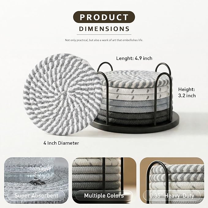 Lazebox Coasters Set of 8 for Drinks, Beer, Coffee, Cotton Woven 4 Colors Absorbent Coaster with Holder, Boho Coasters for Home Decor Tabletop Protection Suitable for Kinds of Cups