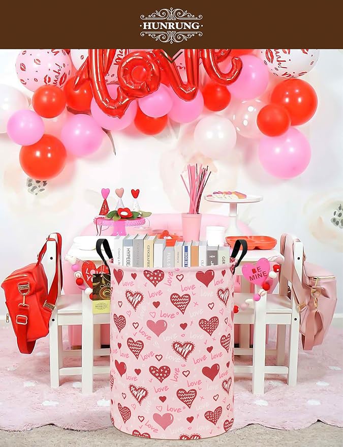 HUNRUNG Collapsible Fabric Storage Basket, Waterproof Laundry Hamper with Handles, Round Storage Bin for Clothes Toys, Foldable Organizer for Bedroom Nursery Bathroom(Round-Pink Love Heart)