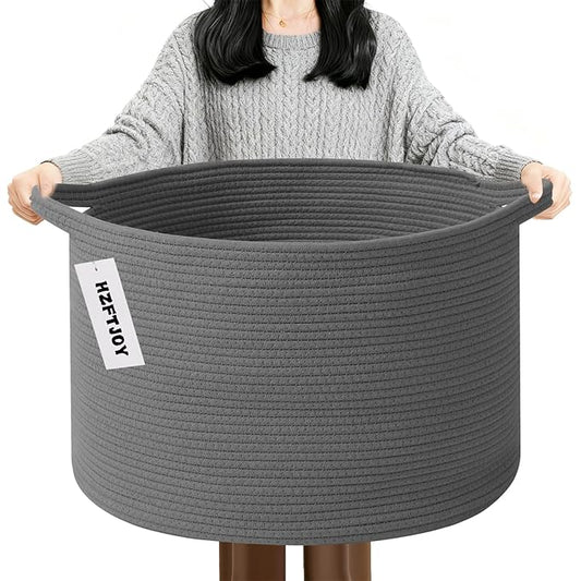 65L Large Blanket Basket, 19.7" L x 19.7" W x 13" H Cotton Rope Woven Storage Basket,Laundry Hamper for Toys, Clothes, Pillows & Towels, Perfect for Living Room, Nursery & Bedroom,Dark Gry