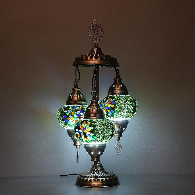 Asylove Turkish Lamp, 3 Globe Turkish Mosaic Table Lamp, Living Room and Office Decoration Lighting 5 inc Globe Total Dimesions 12 x 12 x 24 inch (Green Mix)