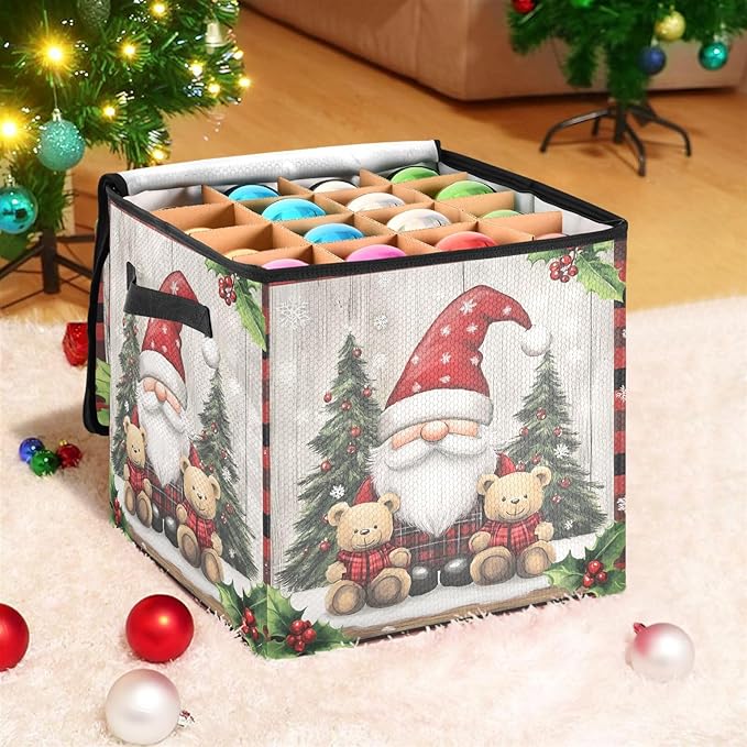 Gnomes Christmas Ornament Storage Basket Box Let it Snow Winter Xmas Holiday Storage Container Cube with Adjustable Dividers for 64 Holiday Ornaments or Decorations Keeps Clean and Dry for Next Season