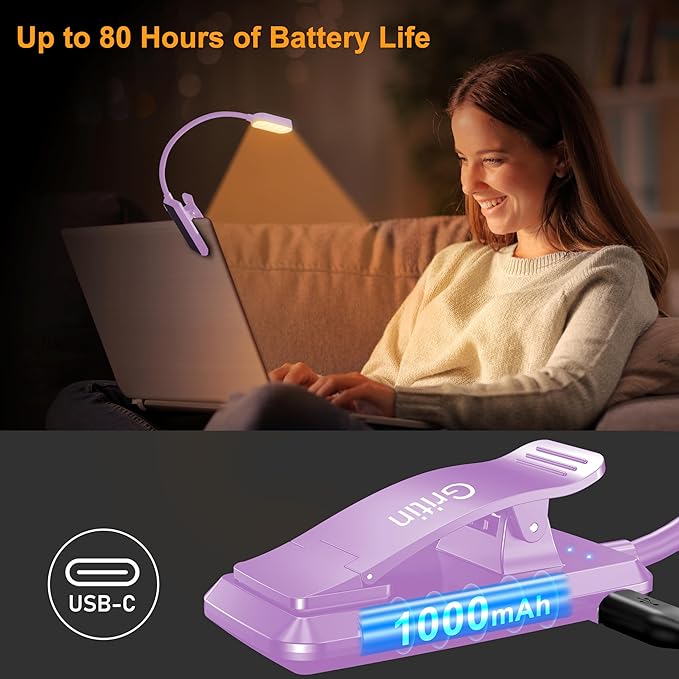 Gritin 16 LED Rechargeable Book Light for Reading in Bed- Eye Caring 3 Color Temperatures, Stepless Dimming Brightness, 80 Hrs Runtime, Lightweight Flexible Clip on Light for Book Lovers-Purple