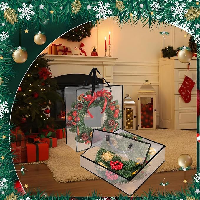 4 Piece Clear Christmas Wreath Storage Container, Large Square Gift Bag Organizer Garland Container Moving Bags Clothes Storage Bags for Xmas Seasonal Wreath Clothes Storage