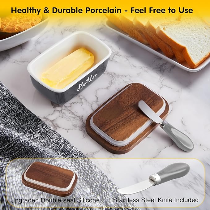 ALELION Ceramic Butter Dish with Lid and Knife for Countertop, Airtight Butter Keeper for Counter or Fridge, Butter Container with Thick Acacia Wood Lid, for Kitchen Decor and Accessories, Gray