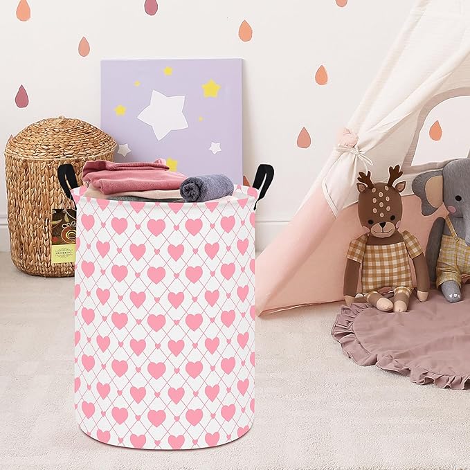HUNRUNG Collapsible Fabric Storage Basket, Waterproof Laundry Hamper with Handles, Round Storage Bin for Clothes Toys, Foldable Organizer for Bedroom Nursery Bathroom(Round-Heart)
