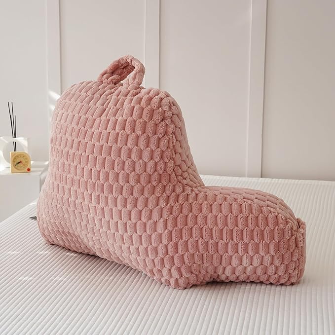 Yaoshuho Fluffy Reading Pillow for Sitting in Bed, Large Backrest Bed Pillow with Arms, Back Support Pillow for Lounging Bedrest, Old Pink