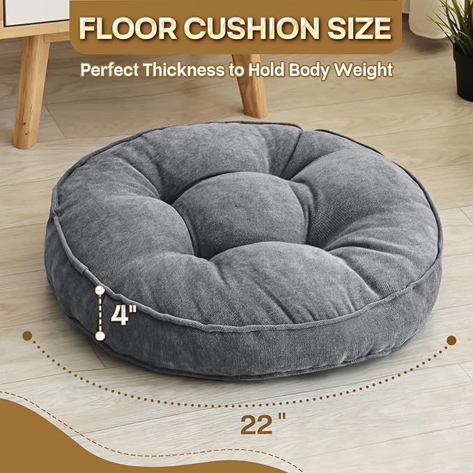 1 MIDDLE ONE Floor Pillow Set of 2, Memory Foam Floor Cushions for Adults, Large Meditation Pillow for Sitting, 22 x 22 Inches (Round | Grey)