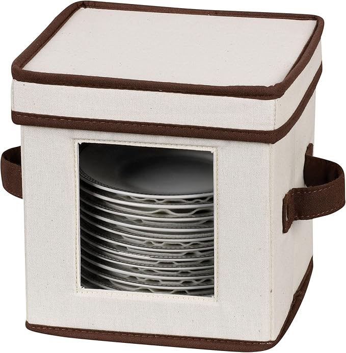 Household Essentials Saucer Storage Box, Holds 12 Saucers with Felt Protectors, Windowed Panel, 2 Riveted Handles, Foldable and Stackable Box