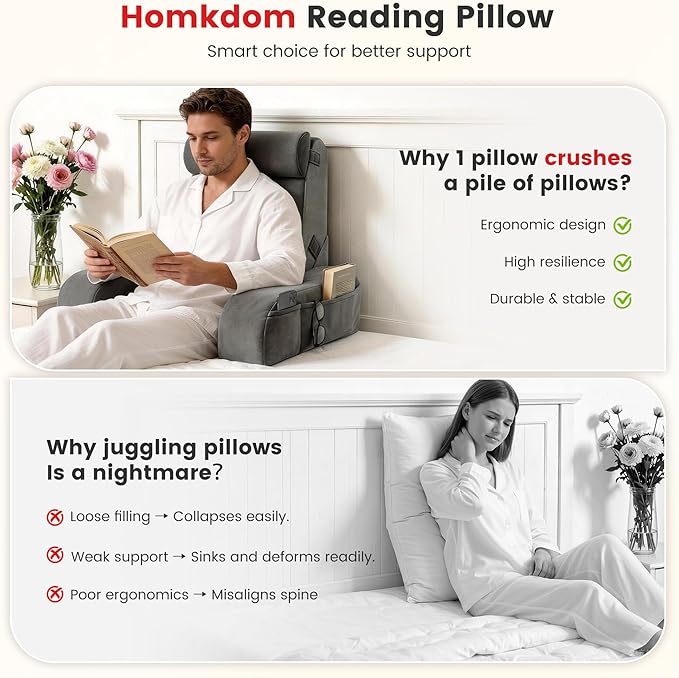 Homkdom Reading Pillow for Sitting in Bed Adult, 22" Back Pillow for Bed Sitting up with Armrests & Storage Pockets, Ergonomic Wedge Pillow for Watching TV, Gaming, Working, Recovery, 5PCS, Grey
