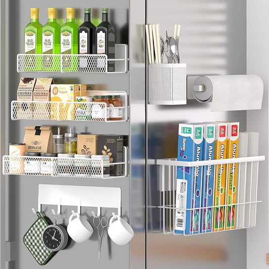 Magnetic Spice Rack for Refrigerator, 7 Pack 100% Metal Strong Magnet Shelf, Spice Organizer W/ Paper Towel Holder, Hook Rack, Utensil Caddy & Cutting Board Holder, Home Kitchen Organization (White)