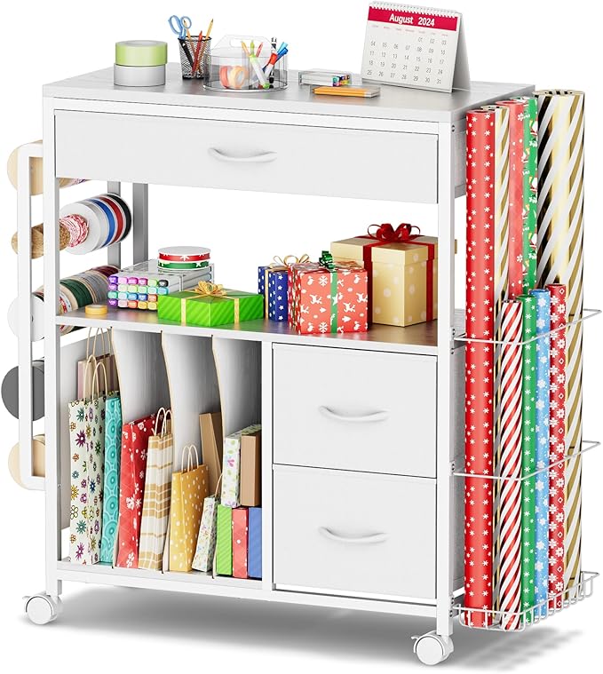 PUNLUXU Wrapping Paper Storage Cart, Rolling Gift Wrap Station with Ribbon and Gift Bag Storage, Wrapping Paper Organizer Holder, Craft Organizers and Storage, Craft Storage Cart 03 Patent Protected