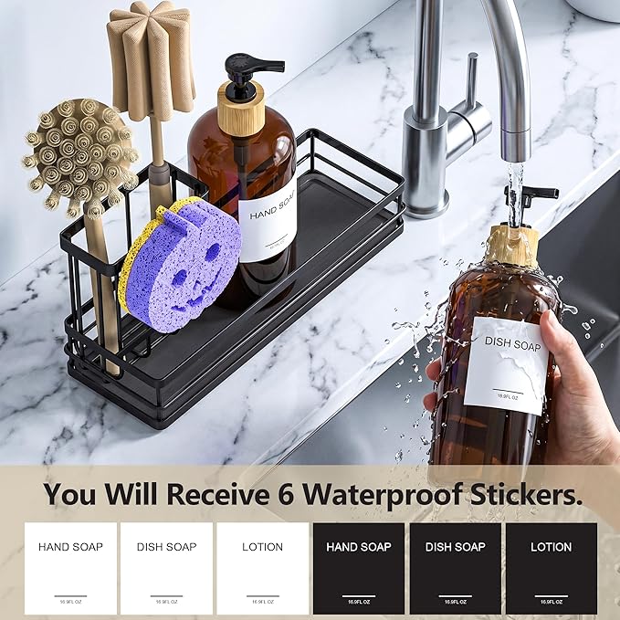 Moforoco Kitchen Dish Soap Dispenser Set, 16OZ Glass Bottle, Hand and Dish Soap Dispenser Set, Instant Dry Tray, Brush Holder with Smiley Face Sponge Holder (Black Tray &Amber Bottle&Labels)