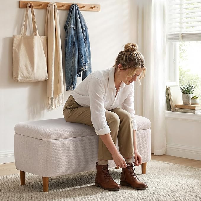 39.4”Ottoman with Storage,Upholstered Comfy Storage Bench Ottoman with Wooden Legs,End of Bed Bench Footstool for Hallway Entryway Bedroom Living Room Beige