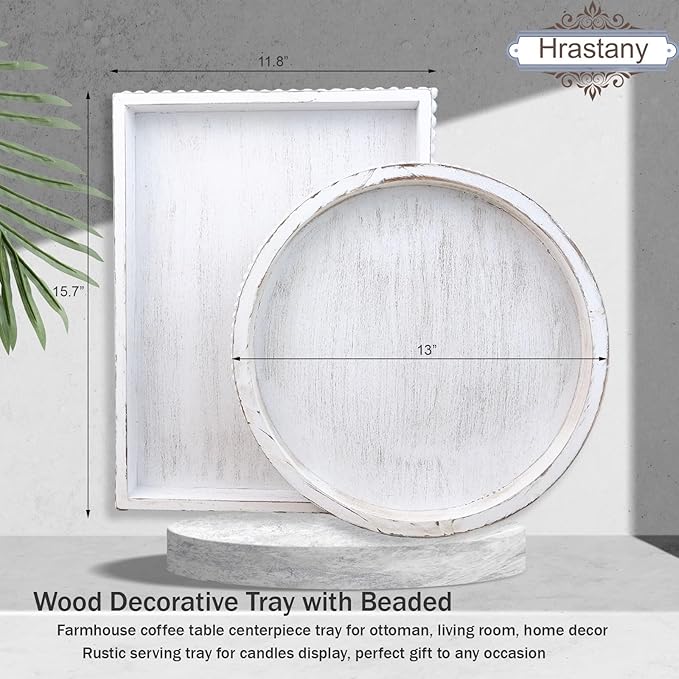 Hrastany Round Wood Serving Tray with Beaded, 13” Rustic Wooden Decorative Coffee Table Tray for Centerpiece, Ottoman, Farmhouse Circle Trays for Counter, Living Room, Home Decor (Whitewashed)