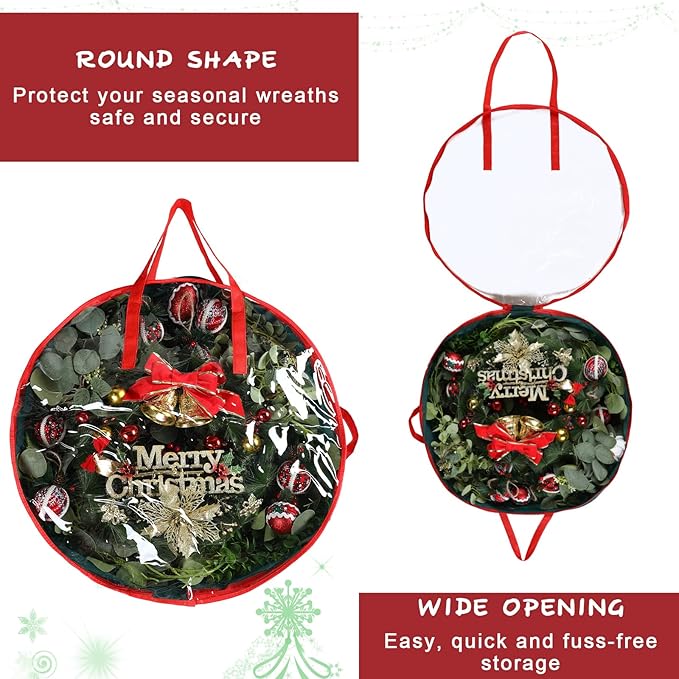Coume 4 Pcs Christmas Wreath Storage Bag Garland Wreaths Container with Clear Window for Xmas Holiday Decorations Storage Protection Bags Resistant Water Box (24 Inch Diameter,7 Inch High)