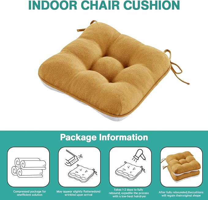 BETU Chair Cushions for Dining Chairs Set of 4,3.5" Thick Kitchen Table Chair Pads with Ties,Non Slip Backing and Covers, Seat Cushion for Dining Room,Bar,Patio Chairs,16"X16"X3.5",Yellow