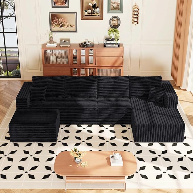 Modular Sectional Sofa, Boneless Compressed Sofa in a Box, U-Shaped Cloud Couch with Deep Seats & Chaise for Living Room, No Assembly Required (Black, 118" U-Shape with Right Facing Chiase) | Boneless Compressed, Sofa in a Box, Cloud Couch, Deep Seats,...