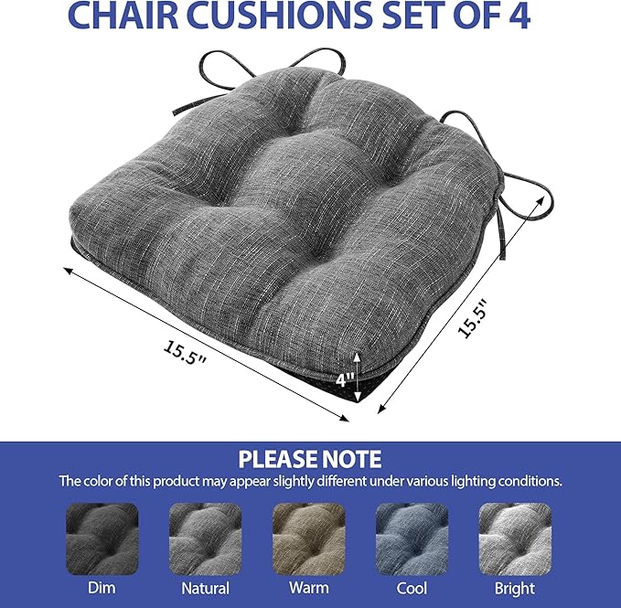 IPYNBAP Chair Cushions for Dining Chairs Set of 4, Kitchen Chair Cushions, Chair Pads with Ties and Non Slip Backing, Tufted Memory Foam Seat Cushion 4 Pack, 15.5" x 15.5" x 4", Dark Gray