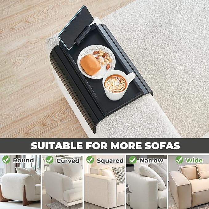 LOVYANXUE Bamboo Sofa Arm Tray Armrest Table with 360° Rotating Phone Holder, Anti Falling Couch Arm Tray, Foldable and Portable Sofa Armrest Cup Holder for Drink,Cups, Phone, Snacks, Remote