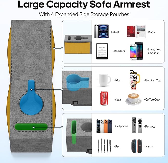 Sofa Armrest Couch Caddy with Cup Holder, Removable Couch Armrest Table Pillow Caddy Drink Holder Tray Insert Between Cushions, Sofa Accessory Storage for Remote,Glasses, Phone, iPad and Magazines