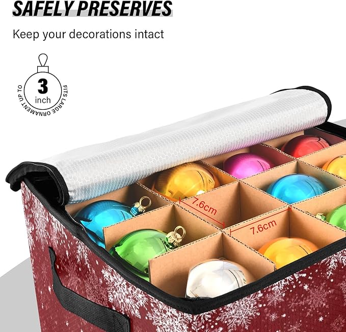 Christmas Tree Ornament Storage Basket Box Red Snowflake Winter Xmas Holiday Storage Container Cube with Adjustable Dividers for 64 Holiday Ornaments or Decorations Keeps Clean and Dry for Next Season