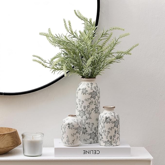 Ceramic Flower Decorative Antique Vase Set of 3, Vintage Rustic Chinoiserie Floral Vase for Home Decor, Living Room, Bookshelf, Office, Entryway, Garden, Chinoiserie Decor, Tuscan Decor- Gray