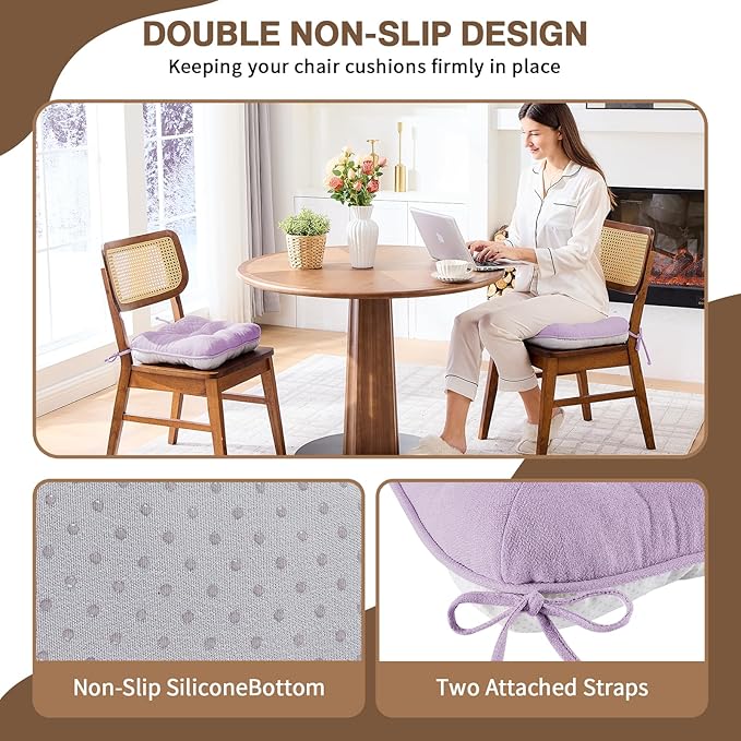 BETU Chair Cushions for Dining Chairs Set of 4,3.5" Thick Kitchen Table Chair Pads with Ties,Non Slip Backing and Covers, Seat Cushion for Dining Room,Bar,Patio Chairs,16"X16"X3.5",Purple