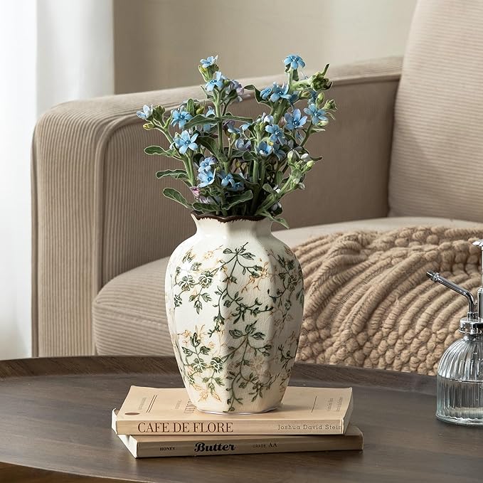 for Mom from Daughter or Son, Vintage Pastoral Octagonal Ceramic Vase 6.7”, Green Chinoiserie Floral Small Vase, Rustic Farmhouse Decor for Living Room, Kitchen, Bedroom