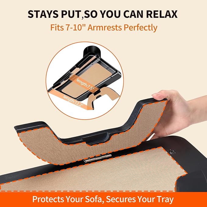 DUMOS Couch Arm Tray, 3 in 1 Clip on Sofa Arm Tray with 360° Rotating Phone Holder, Foldable Couch Armrest Table for Drinks & Snacks, Black