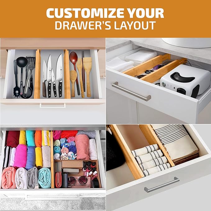 4-Pack Bamboo Drawer Dividers - Fits Drawers 12.2 to 17.3 Inches Deep, 2.6 Inch High, 0.6 Inch Thick, Expandable Drawer Organizers Separators for Clothes, Dresser, Bedroom, Kitchen, Bathroom, Office