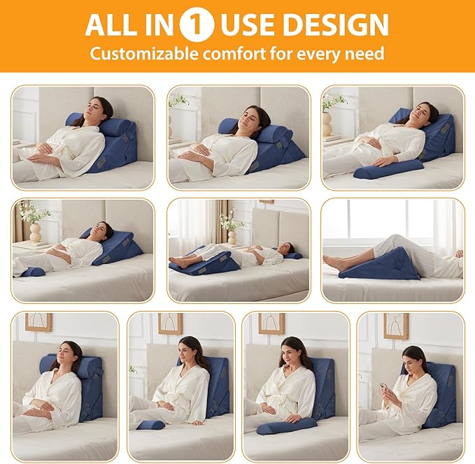 Ruqmuis 3PCS Wedge Pillow Set for After Surgery, Adjustable 9&12 Inch Bed Wedge Pillow for Sleeping, Incline Pillow Wedge for Headboard, Post Surgery, Acid Reflux, Neck&Back Support, Navy