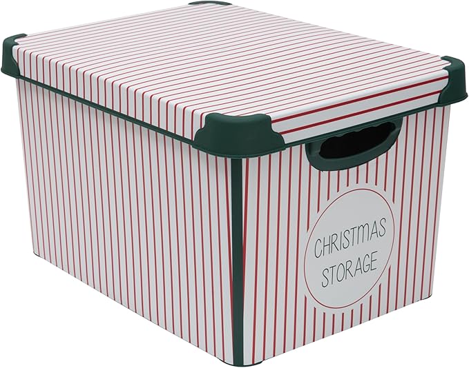 Simplify Christmas Stripe Design Holiday Tote Bin Ornament Storage | Holds 60 Ornaments | Removeable Lid | Easy Carry Handles | Christmas Storage | Green