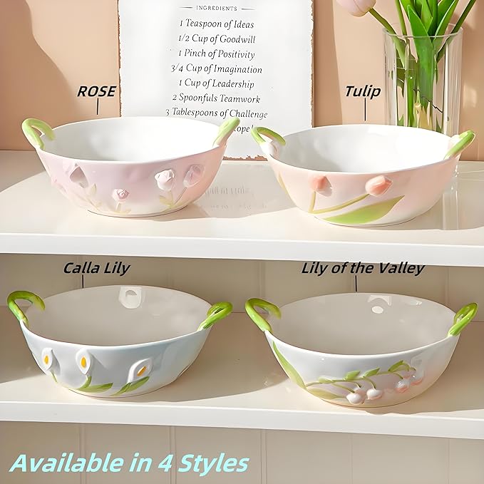 Ceramic Fruit Bowl with Handles, 3D Hand-Painted Lutip Floral Design Serving Bowl for Soup, Pasta, Salad and Snacks, 24oz, Microwave & Dishwasher Safe
