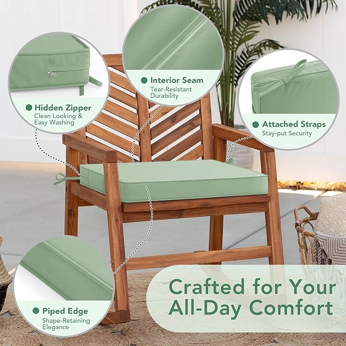 Outdoor Chair Cushions Set of 4: Waterproof & Fade Resistant Seat Cushion for Patio Furniture - 18.5 x 16 x 2 Inch Chair Pads with Ties and Hidden Zipper - Patio Chair Cushion Replacement, Sage Green
