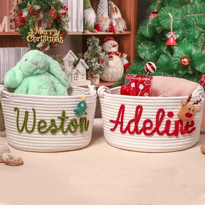 Personalized Christmas Cotton Rope Basket - Custom Holiday Gift Basket with Name - Festive Storage Organizer for Holiday Decor & Seasonal Gifts (STYLE-A)