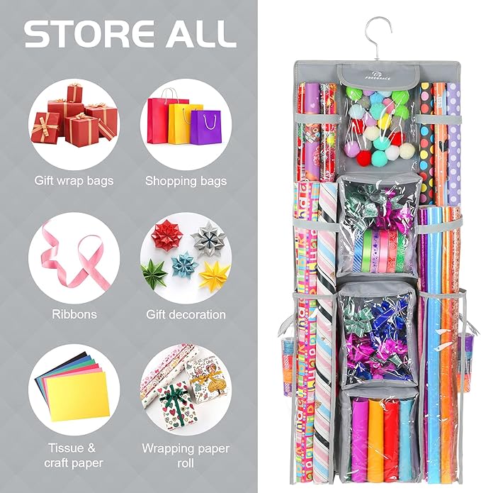 Freegrace Double-Sided Hanging Gift Wrap Organizer - Large 16 x 41 Inch Wrapping Paper Storage Bag - Tearproof 600D Oxford Closet Gift Bag & Ribbon Organization Storage Caddy, Gray