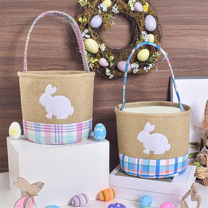 Easters Woven Fabric Storage Basket with Rabbits Accent for Eggs Hunts Holiday Decorations and Spring Parties