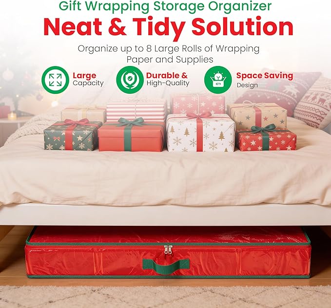 Handy Laundry Gift Wrap Storage Organizer, Easily organize Wrapping Paper, Ribbons, Bows, Scissors, Fits 18-24 Standard Rolls, Keeps Gift Supplies in Perfect Condition & Ready for Next Season, (Red)