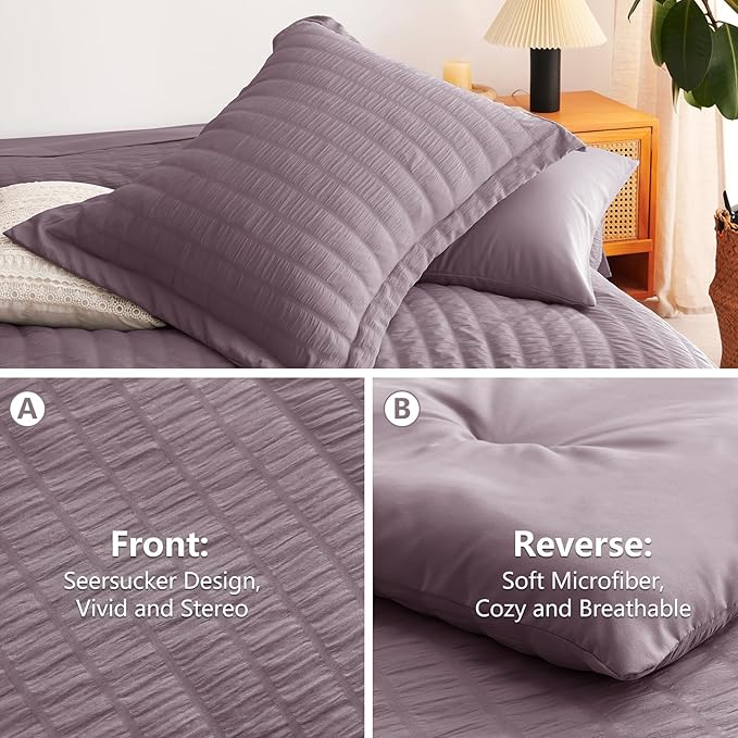 CozyLux Queen Comforter Set Dusty Purple Seersucker 7 Pieces Bed in a Bag Queen Comforter Set with Sheets, Grayish Purple Luxury Bedding Sets Down Alternative Comforter, Sheets, Pillowcases & Shams