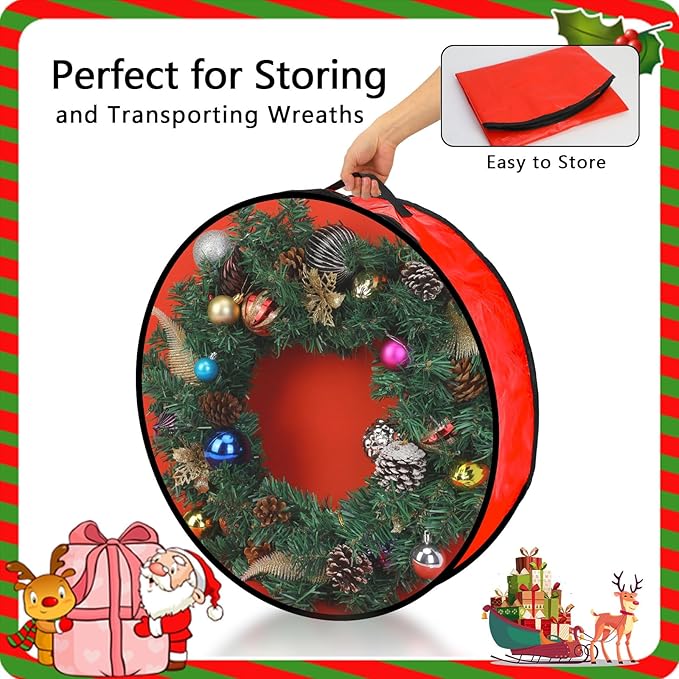 Pwsap 2 Pack Christmas Wreath Storage Container - 24 Inch, Garland Storage, Christmas Large Wreath Storage Container Cover, Durable Tarp Material, Dual Zipper Storage Bag for Xmas Holiday, Red