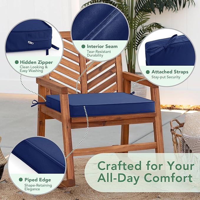 Summsun Outdoor Chair Cushions Set of 6: Waterproof & Color Fastness Seat Cushion for Patio Furniture - 22 x 22 x 3 Inch Chair Pads with Ties and Hidden Zipper - Patio Chair Cushion Replacement, Navy
