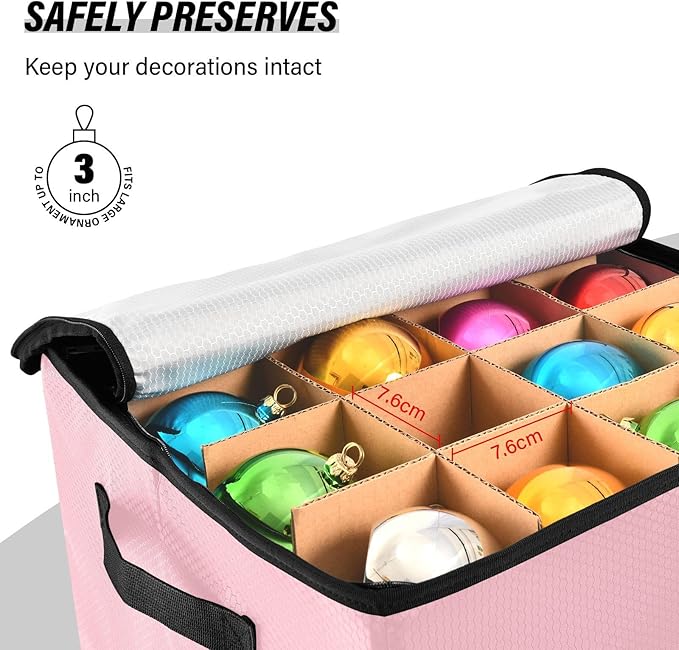 Pink Christmas Ornament Storage Basket Box Holiday Storage Container Cube with Adjustable Dividers for 64 Holiday Ornaments or Decorations Keeps Clean and Dry for Next Season