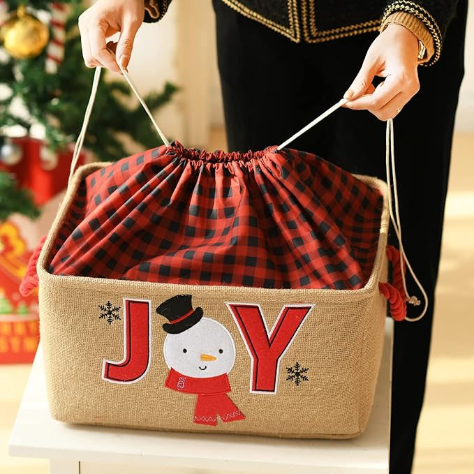 INough Christmas Basket Large Christmas Baskets for Gift Empty with Handles, Christmas Gift Baskets Collapsible Gift Basket Empty Christmas Decor for Kidsroom Nursery Play Room (Medium, Joy)