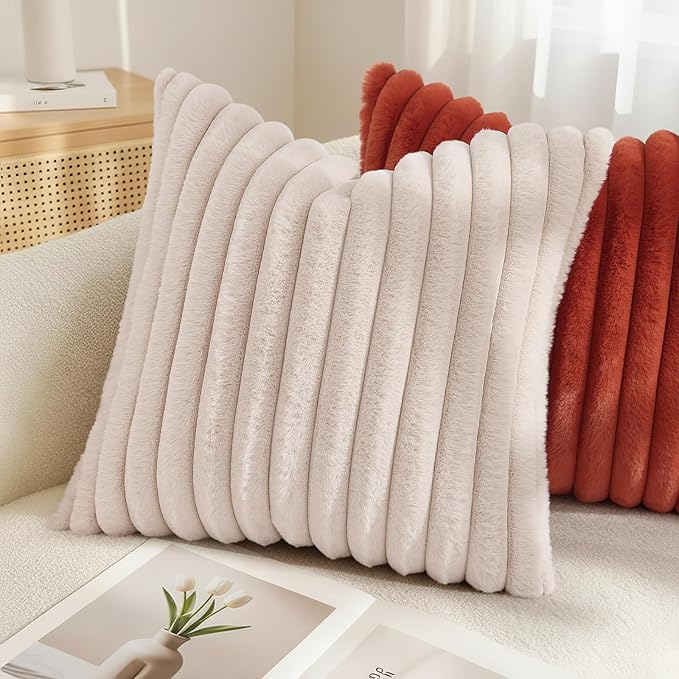 decorUhome Summer Cozy Faux Fur Throw Pillow Covers 16x16 Set of 2 Decorative Soft Plush Striped Modern Farmhouse Boho Couch Pillow Cases with Velvet Back for Sofa Bed Living Room, Beige