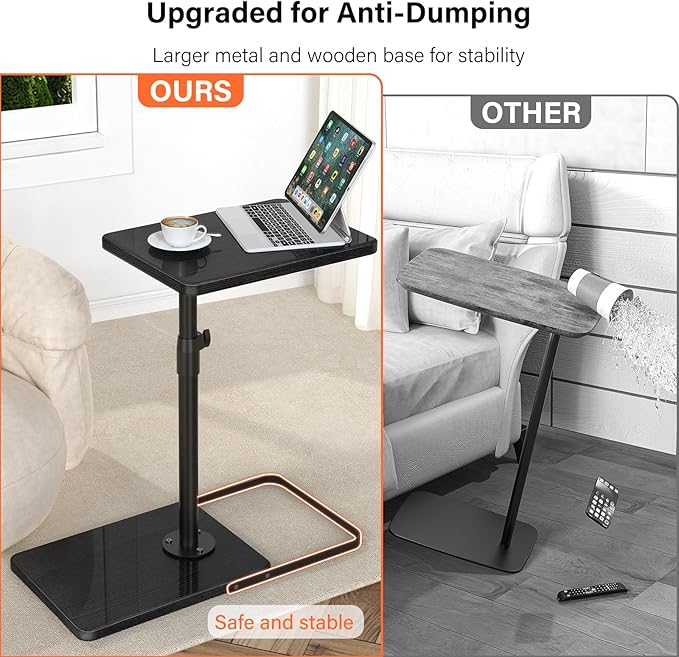 TV Tray Table for Couch - Adjustable Height & 360°Swivel Panel Design，Larger Metal and Wooden Base to Prevent Slipping，Sofa Armrest Tray Table for Eating Laptop Couch Bed Dinner or Small Space