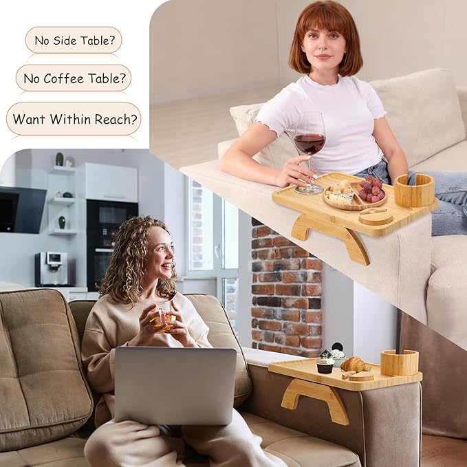 Couch Arm Table, 3-in-1 Sofa Armrest Tray with 360° Rotating Phone Holder & Cup Holder, Clip-On Armchair Side Table for Drinks, Snacks & Remote, Large 15.36" x 9.85" (Natural Bamboo)